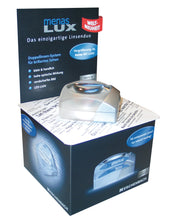 Load image into Gallery viewer, Ultra flat, circular magnifying lens with square, clear casing. Displayed on product box , magnifying text.