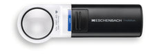 Load image into Gallery viewer, Mobilux LED, circular magnifier surrounded by white casing with a black handle and LED light switch