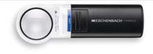 Load image into Gallery viewer, Mobilux LED, circular magnifier surrounded by white casing with a black handle and LED light switch