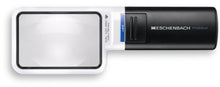 Load image into Gallery viewer, Mobilux LED, rectangular magnifier surrounded by white casing with a black handle and LED light switch