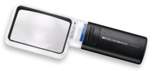 Load image into Gallery viewer, Mobilux LED, rectangular magnifier surrounded by white casing with a black handle and LED light switch.
