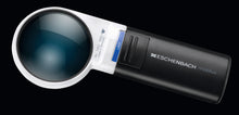 Load image into Gallery viewer, Mobilux LED, circular magnifier surrounded by white casing with a black handle and LED light switch