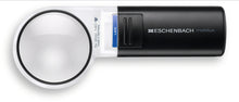 Load image into Gallery viewer, Mobilux LED, circular magnifier surrounded by white casing with a black handle and LED light switch