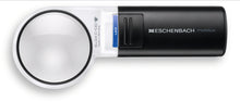 Load image into Gallery viewer, Mobilux LED, circular magnifier surrounded by white casing with a black handle and LED light switch