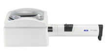 Load image into Gallery viewer, White, domed rectangular magnifier, with rectangular base and attached battery handle