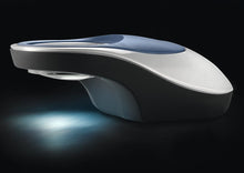 Load image into Gallery viewer, Powerlux, circular magnifier set in a blue, white and black casing. With LED light and on-off butter located on blue section. Ergonomically shaped to be easy to glide over a page.