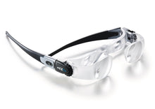 Load image into Gallery viewer, Heavy duty plastic frame with double lens magnifying system. Black frame with black adjusting cogs on temples, and clear lens casing.