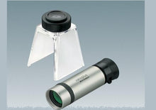 Load image into Gallery viewer, Handheld monocular with silver colour coating and black eyepiece, next to stand with eyepiece for converting monocular to stand magnifier or stand microscope