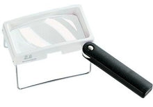 Load image into Gallery viewer, Rectangular magnifier with white housing, black handle and rectangular stand.
