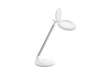Load image into Gallery viewer, Daylight LED light encircling magnifying lens, with flip-up cover. Light housing and base are both circular and white.