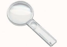 Load image into Gallery viewer, Circular magnifier with clear housing and small circular magnifying lens in handle.