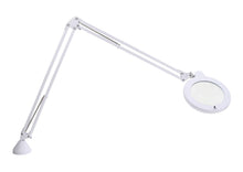 Load image into Gallery viewer, Daylight magnifying lens with LED light attached to long arm with hing and table attachment.
