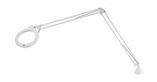 Load image into Gallery viewer, Daylight magnifying lens with LED light attached to long arm with hing and table attachment.