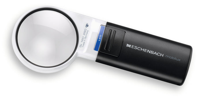 Handheld magnifying glass with black and white design, featuring the Eschenbach brand