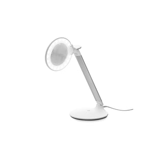 Sleek desk lamp with round magnifying lens surrounded by high quality LEDs