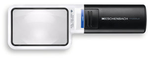 Mobilux LED, rectangular magnifier surrounded by white casing with a black handle and LED light switch
