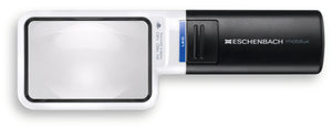 Mobilux LED, rectangular magnifier surrounded by white casing with a black handle and LED light switch