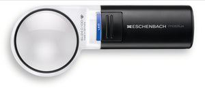 Mobilux LED, circular magnifier surrounded by white casing with a black handle and LED light switch
