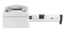 Load image into Gallery viewer, White, domed rectangular magnifier, with rectangular base and attached battery handle
