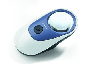 Powerlux, circular magnifier set in a blue, white and black casing. With LED light and on-off butter located on blue section. Ergonomically shaped to be easy to glide over a page.