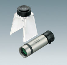 Load image into Gallery viewer, Handheld monocular with silver colour coating and black eyepiece, next to stand with eyepiece for converting monocular to stand magnifier or stand microscope
