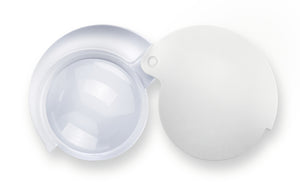 Circular magnifier with white fold-out case.