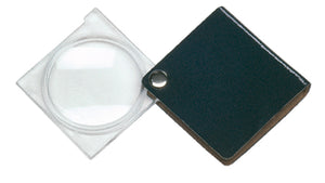 Circular magnifier with clear square housing, attached to black square case.