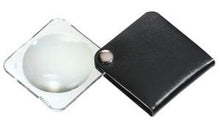 Load image into Gallery viewer, Circular magnifier inside clear square setting, with attached fold-out black case
