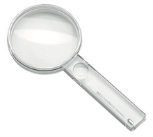 Load image into Gallery viewer, Circular magnifier with clear housing and small circular magnifying lens in handle.
