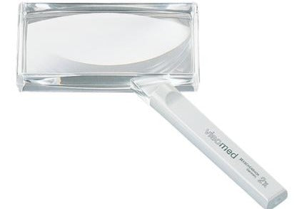 Rectangular magnifier with clear handle, product name and magnification on handle 