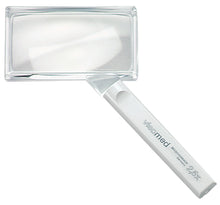 Load image into Gallery viewer, Rectangular magnifier with clear handle, product name and magnification on handle 
