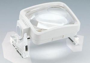 Large rectangular magnifier, with white housing and clear legs/stand raising magnifier off the work surface