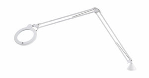 Daylight magnifying lens with LED light attached to long arm with hing and table attachment.